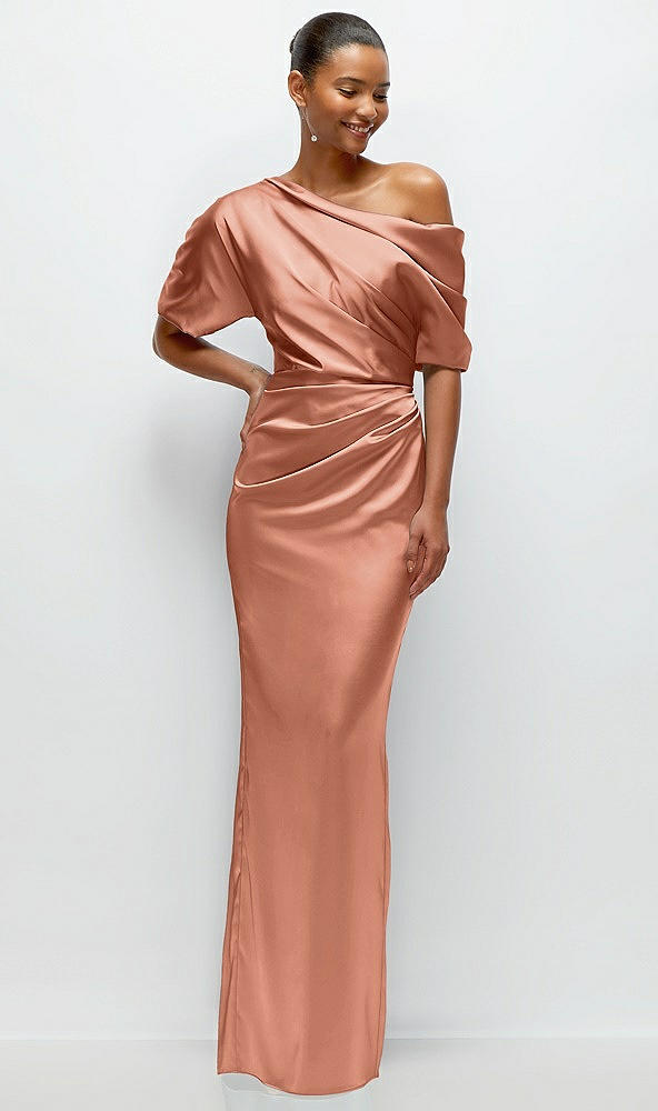 Front View - Copper Penny Asymmetrical Off-the-Shoulder Pleated Satin Maxi Dress