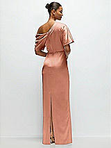 Rear View Thumbnail - Copper Penny Asymmetrical Off-the-Shoulder Pleated Satin Maxi Dress