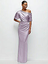 Front View Thumbnail - Lilac Haze Asymmetrical Off-the-Shoulder Pleated Satin Maxi Dress