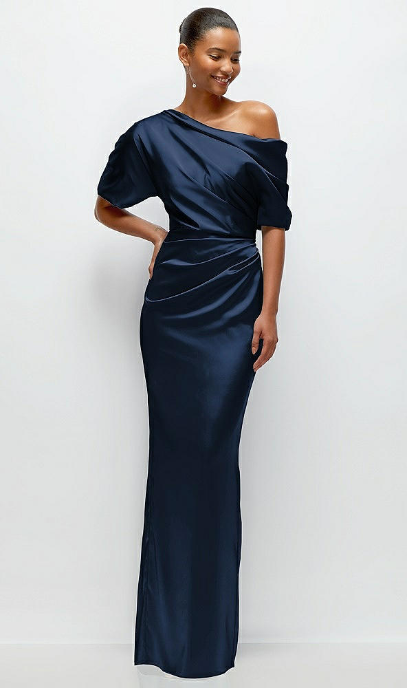 Front View - Midnight Navy Asymmetrical Off-the-Shoulder Pleated Satin Maxi Dress