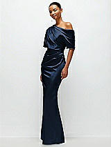 Side View Thumbnail - Midnight Navy Asymmetrical Off-the-Shoulder Pleated Satin Maxi Dress