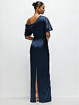 Rear View Thumbnail - Midnight Navy Asymmetrical Off-the-Shoulder Pleated Satin Maxi Dress