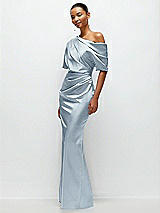 Side View Thumbnail - Mist Asymmetrical Off-the-Shoulder Pleated Satin Maxi Dress