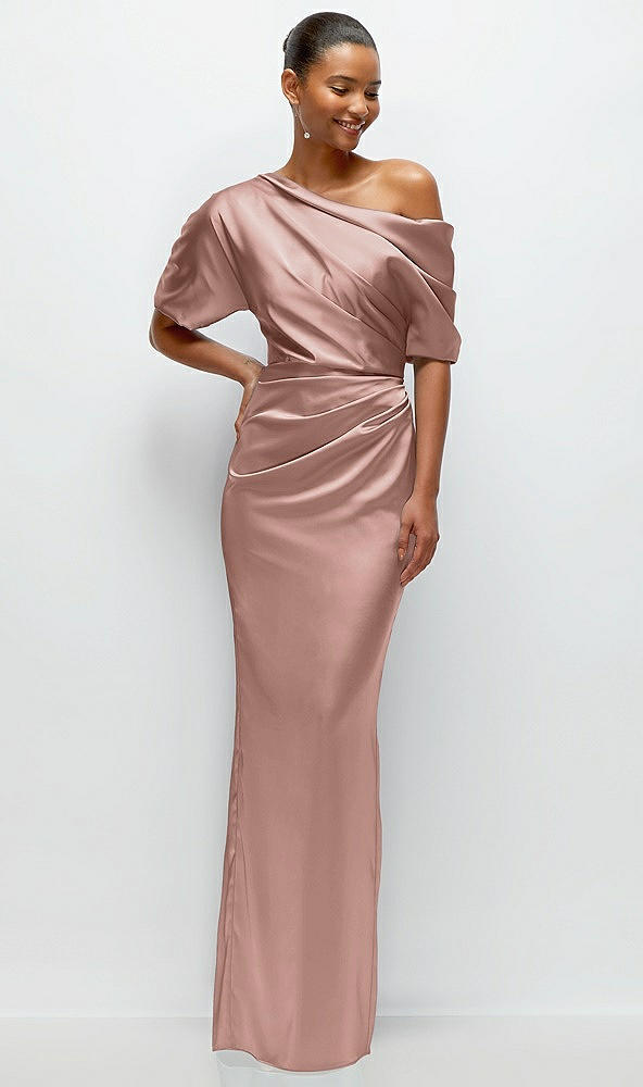 Front View - Neu Nude Asymmetrical Off-the-Shoulder Pleated Satin Maxi Dress