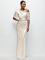 Front View Thumbnail - Oat Asymmetrical Off-the-Shoulder Pleated Satin Maxi Dress