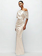 Side View Thumbnail - Oat Asymmetrical Off-the-Shoulder Pleated Satin Maxi Dress