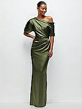 Front View Thumbnail - Olive Green Asymmetrical Off-the-Shoulder Pleated Satin Maxi Dress