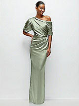 Front View Thumbnail - Sage Asymmetrical Off-the-Shoulder Pleated Satin Maxi Dress