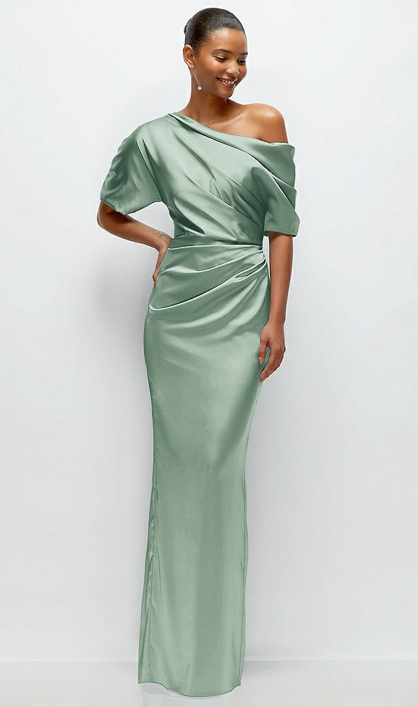 Front View - Seagrass Asymmetrical Off-the-Shoulder Pleated Satin Maxi Dress