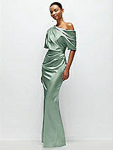 Side View Thumbnail - Seagrass Asymmetrical Off-the-Shoulder Pleated Satin Maxi Dress