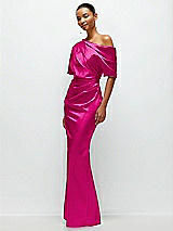 Side View Thumbnail - Think Pink Asymmetrical Off-the-Shoulder Pleated Satin Maxi Dress