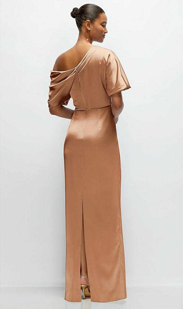 Back View - Toffee Asymmetrical Off-the-Shoulder Pleated Satin Maxi Dress