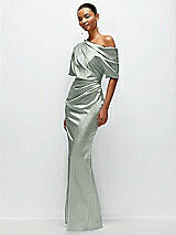 Side View Thumbnail - Willow Green Asymmetrical Off-the-Shoulder Pleated Satin Maxi Dress