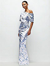 Side View Thumbnail - Magnolia Sky Asymmetrical Off-the-Shoulder Draped Floral Satin Maxi Dress