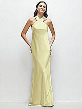 Front View Thumbnail - Butter Yellow Pleated Halter Bias Satin Maxi Dress with Self-Tie Bow Back