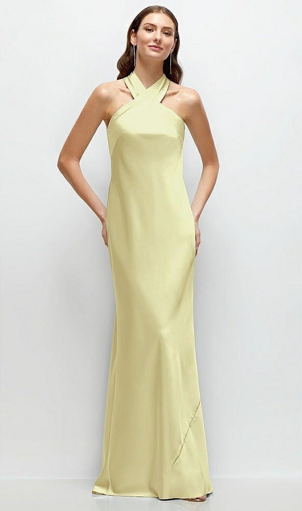 Front View - Butter Yellow Pleated Halter Bias Satin Maxi Dress with Self-Tie Bow Back