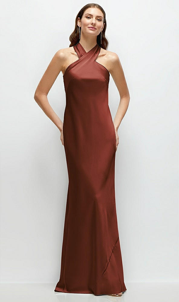 Front View - Auburn Moon Pleated Halter Bias Satin Maxi Dress with Self-Tie Bow Back