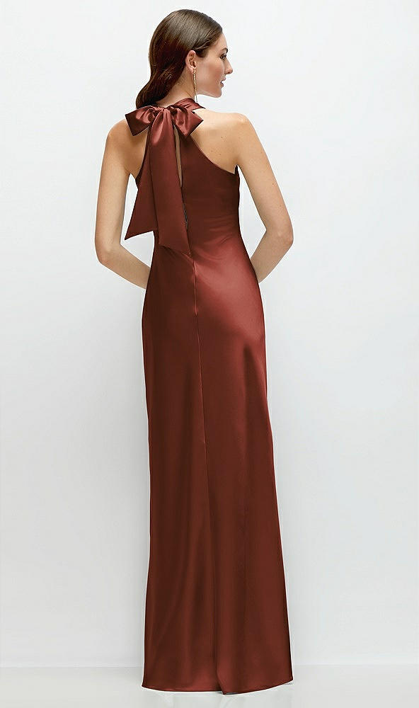 Back View - Auburn Moon Pleated Halter Bias Satin Maxi Dress with Self-Tie Bow Back