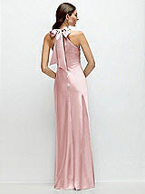 Rear View Thumbnail - Ballet Pink Pleated Halter Bias Satin Maxi Dress with Self-Tie Bow Back