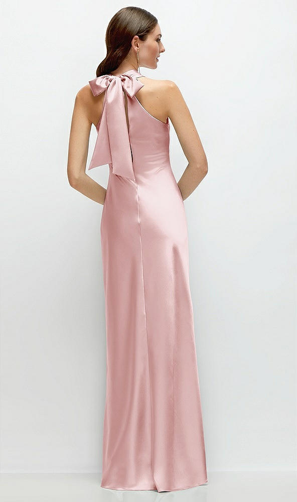 Back View - Ballet Pink Pleated Halter Bias Satin Maxi Dress with Self-Tie Bow Back