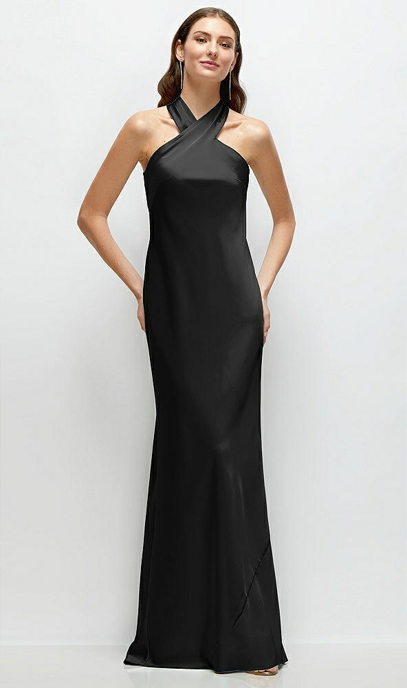 Front View - Black Pleated Halter Bias Satin Maxi Dress with Self-Tie Bow Back