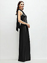 Side View Thumbnail - Black Pleated Halter Bias Satin Maxi Dress with Self-Tie Bow Back