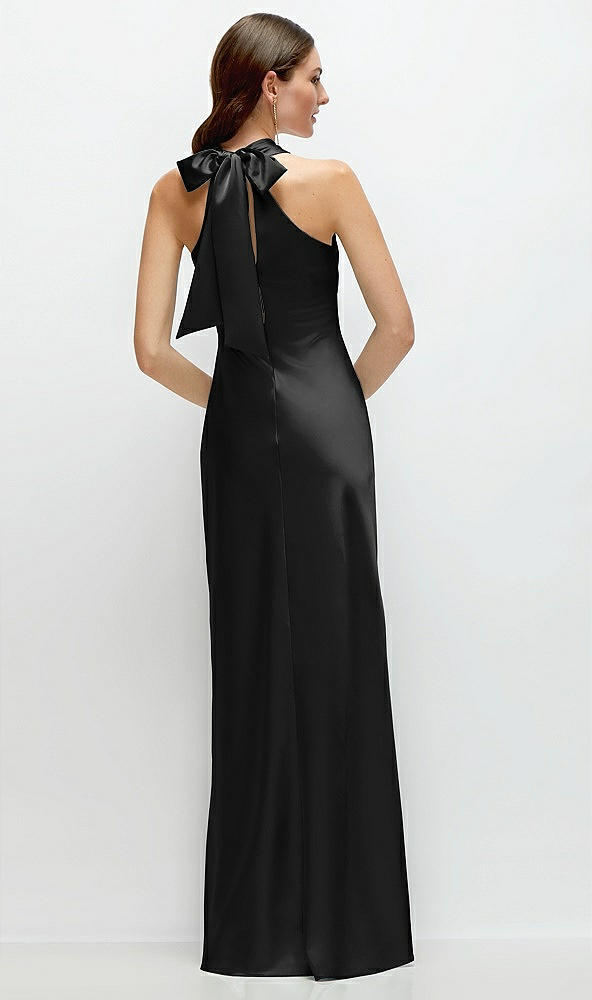 Back View - Black Pleated Halter Bias Satin Maxi Dress with Self-Tie Bow Back