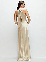 Alt View 1 Thumbnail - Champagne Pleated Halter Bias Satin Maxi Dress with Self-Tie Bow Back