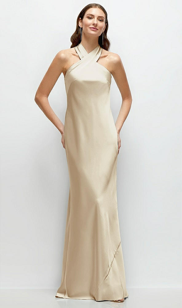 Front View - Champagne Pleated Halter Bias Satin Maxi Dress with Self-Tie Bow Back