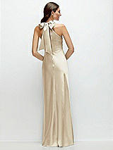 Rear View Thumbnail - Champagne Pleated Halter Bias Satin Maxi Dress with Self-Tie Bow Back