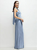 Side View Thumbnail - Cloudy Pleated Halter Bias Satin Maxi Dress with Self-Tie Bow Back