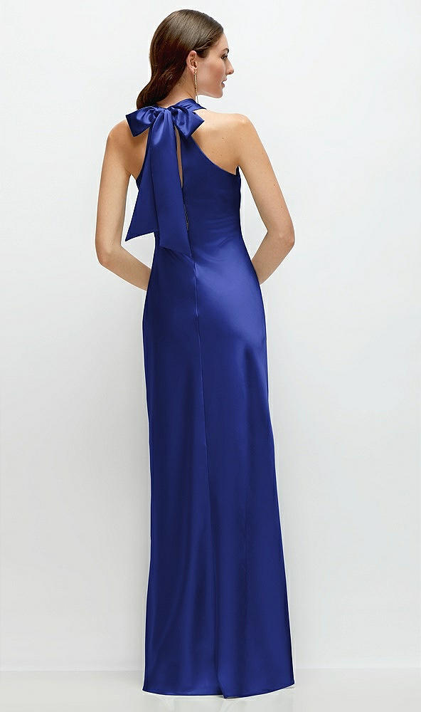 Back View - Cobalt Blue Pleated Halter Bias Satin Maxi Dress with Self-Tie Bow Back