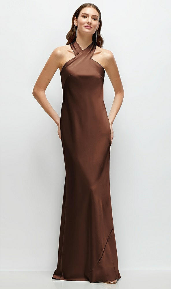 Front View - Cognac Pleated Halter Bias Satin Maxi Dress with Self-Tie Bow Back