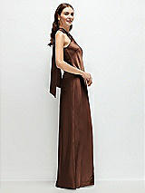 Side View Thumbnail - Cognac Pleated Halter Bias Satin Maxi Dress with Self-Tie Bow Back