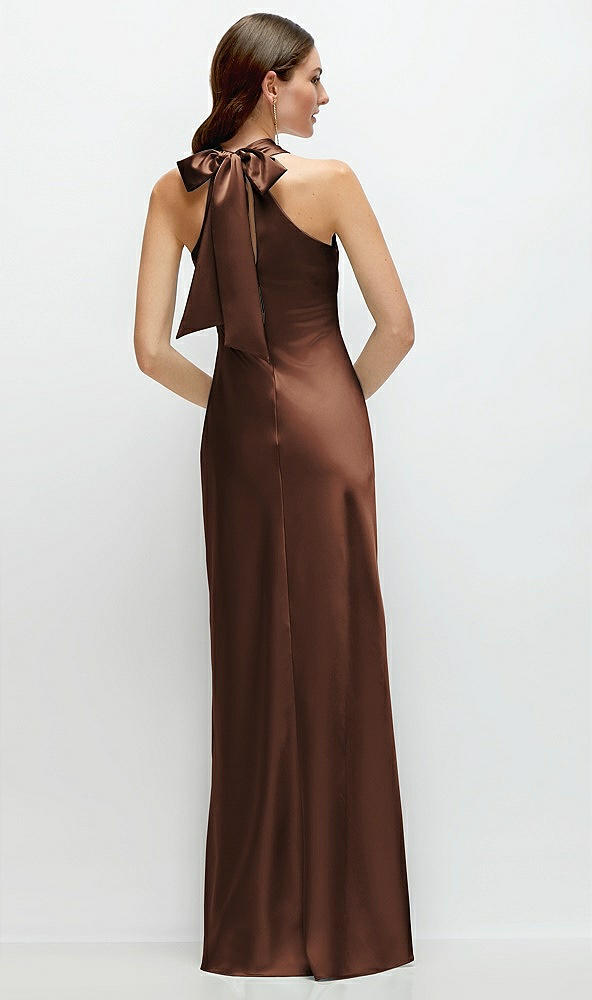 Back View - Cognac Pleated Halter Bias Satin Maxi Dress with Self-Tie Bow Back