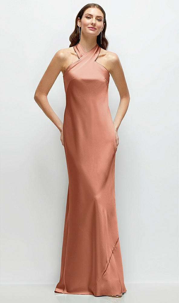 Front View - Copper Penny Pleated Halter Bias Satin Maxi Dress with Self-Tie Bow Back