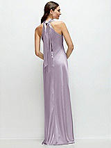 Alt View 1 Thumbnail - Lilac Haze Pleated Halter Bias Satin Maxi Dress with Self-Tie Bow Back