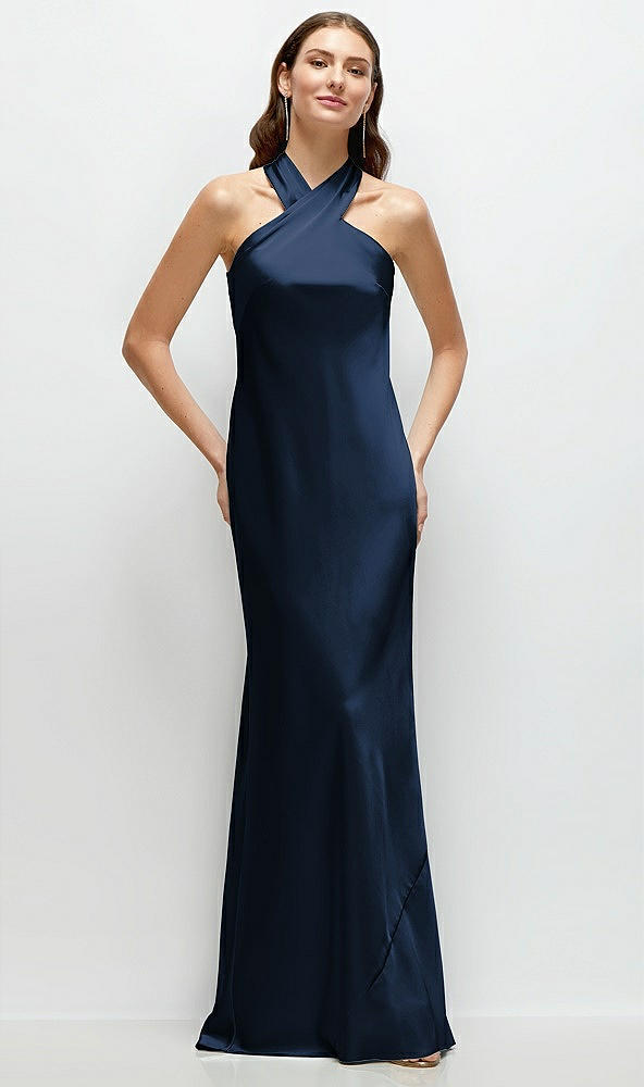 Front View - Midnight Navy Pleated Halter Bias Satin Maxi Dress with Self-Tie Bow Back