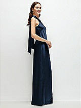 Side View Thumbnail - Midnight Navy Pleated Halter Bias Satin Maxi Dress with Self-Tie Bow Back