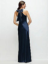 Rear View Thumbnail - Midnight Navy Pleated Halter Bias Satin Maxi Dress with Self-Tie Bow Back