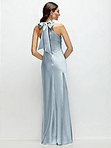 Rear View Thumbnail - Mist Pleated Halter Bias Satin Maxi Dress with Self-Tie Bow Back