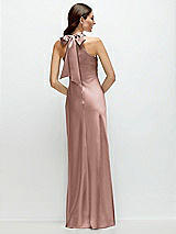 Rear View Thumbnail - Neu Nude Pleated Halter Bias Satin Maxi Dress with Self-Tie Bow Back