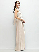 Side View Thumbnail - Oat Pleated Halter Bias Satin Maxi Dress with Self-Tie Bow Back