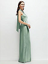 Side View Thumbnail - Seagrass Pleated Halter Bias Satin Maxi Dress with Self-Tie Bow Back