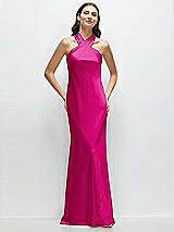 Front View Thumbnail - Think Pink Pleated Halter Bias Satin Maxi Dress with Self-Tie Bow Back