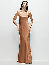 Front View Thumbnail - Toffee Pleated Halter Bias Satin Maxi Dress with Self-Tie Bow Back