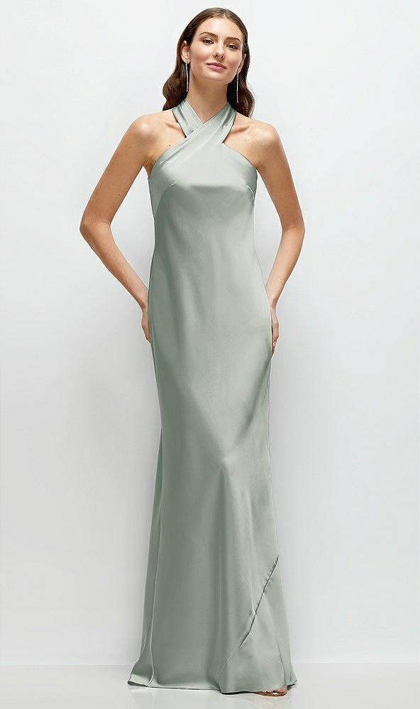 Front View - Willow Green Pleated Halter Bias Satin Maxi Dress with Self-Tie Bow Back