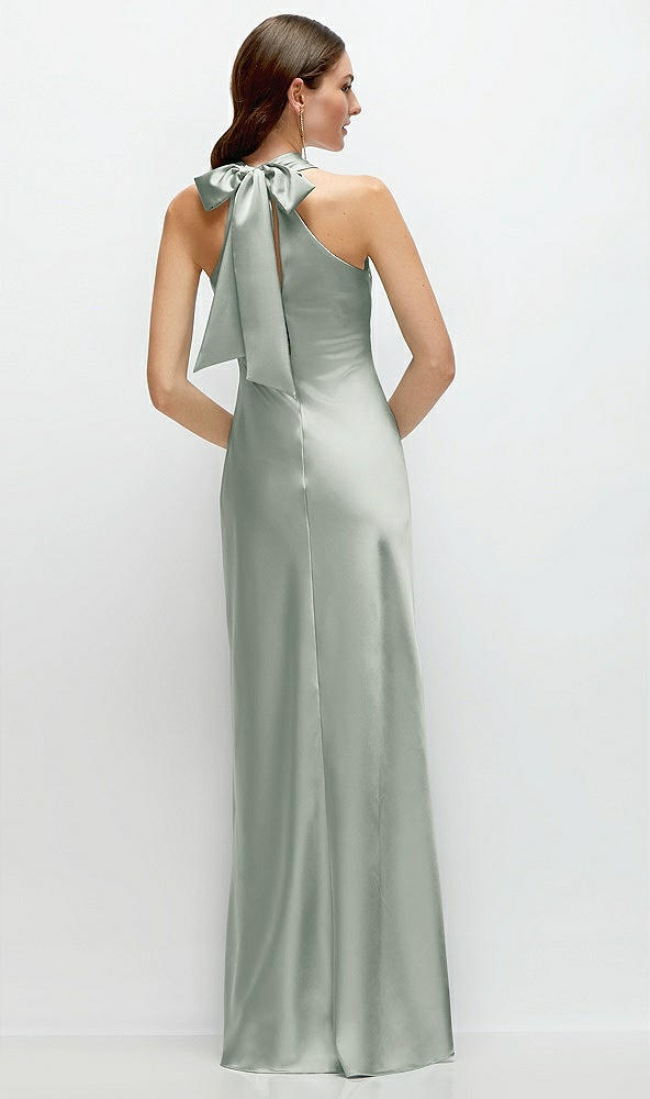 Back View - Willow Green Pleated Halter Bias Satin Maxi Dress with Self-Tie Bow Back