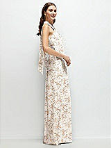 Side View Thumbnail - Golden Hour Floral Twist Pleated Halter Bias Satin Maxi Dress with Self-Tie Bow Back