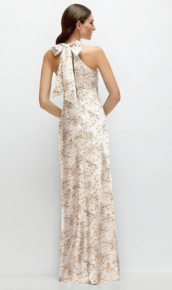 Back View - Golden Hour Floral Twist Pleated Halter Bias Satin Maxi Dress with Self-Tie Bow Back